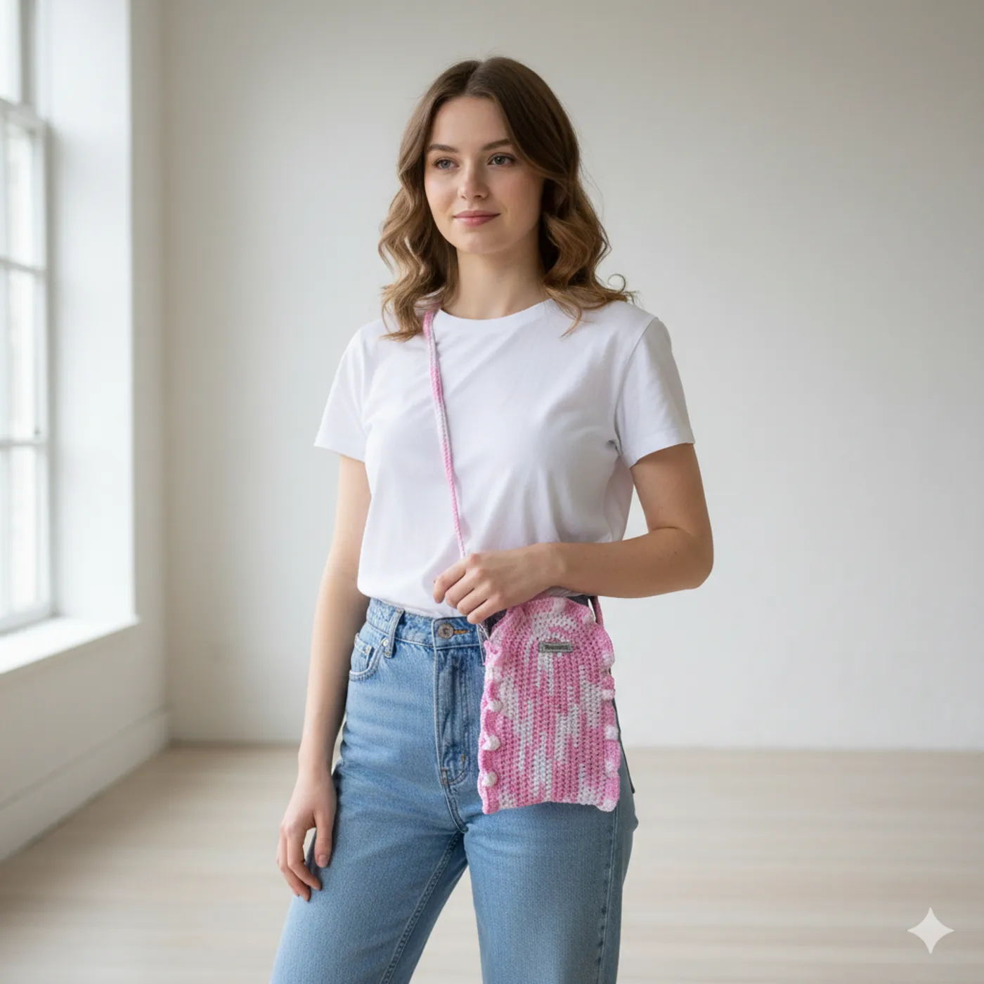 #onlyonce Pocket Phone Crochet | Tas Handphone Selempang Rajut - Blush Scallop — tampilan 6