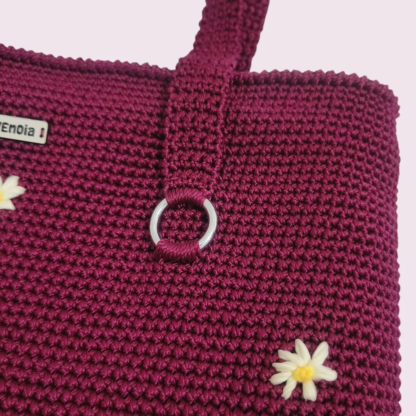 Crochet zippered tote bag | Tas bahu resleting rajut — Daisy Burgundy — tampilan 3