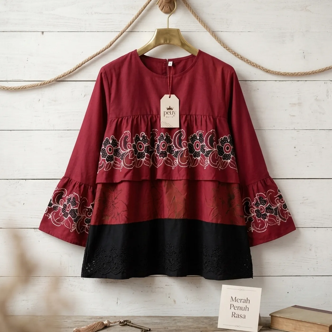 Blouse Batik Wanita Combination Maroon Tiered Top — tampilan 3