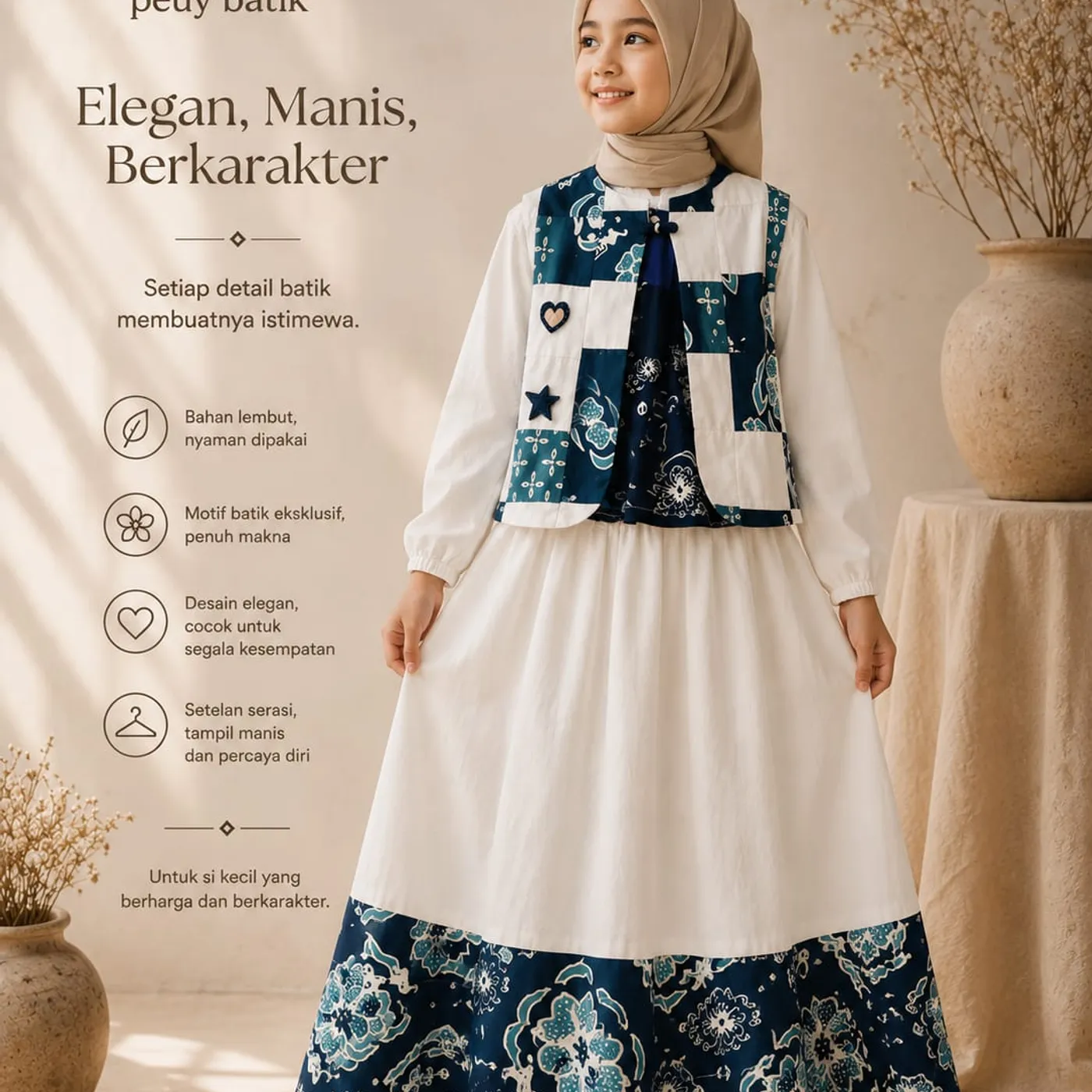 Setelan Gaun Muslim Anak "Aira" (Batik Patchwork Series) — tampilan 3