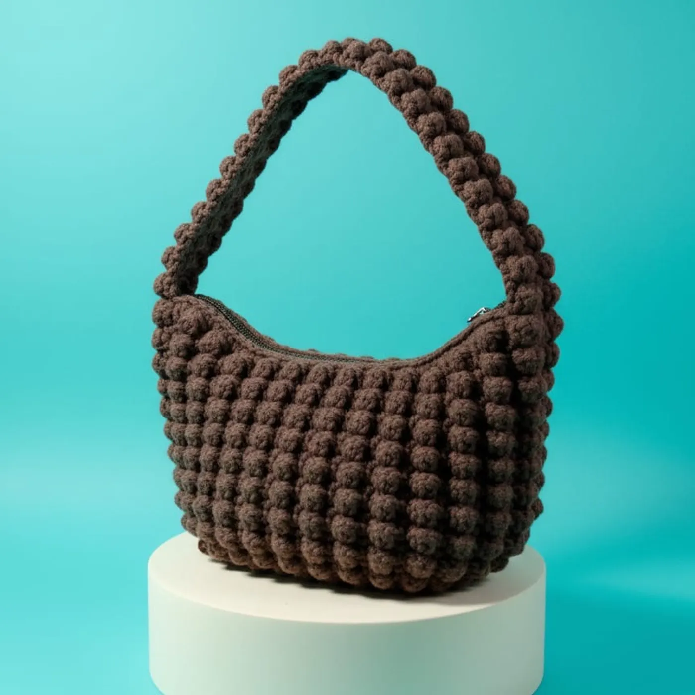 HF 023 Tas Bahu Rajut-Cokelat Bubble Stitch — tampilan 4