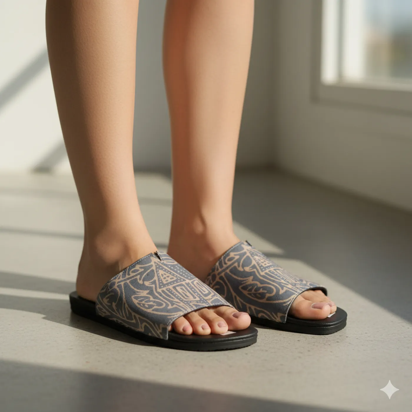 Sandal Batik Abu Kebiruan Motif Etnik/Rumah Adat Khas Minang — tampilan 4