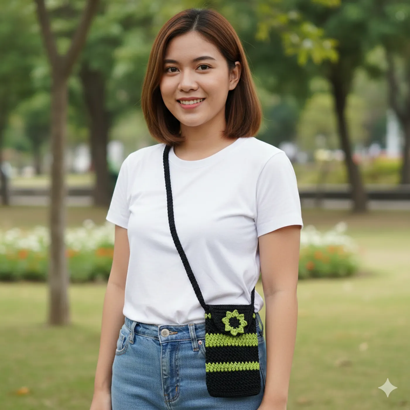 HF 019 Tas Rajut Selempang mini Hitam & Hijau — tampilan 5