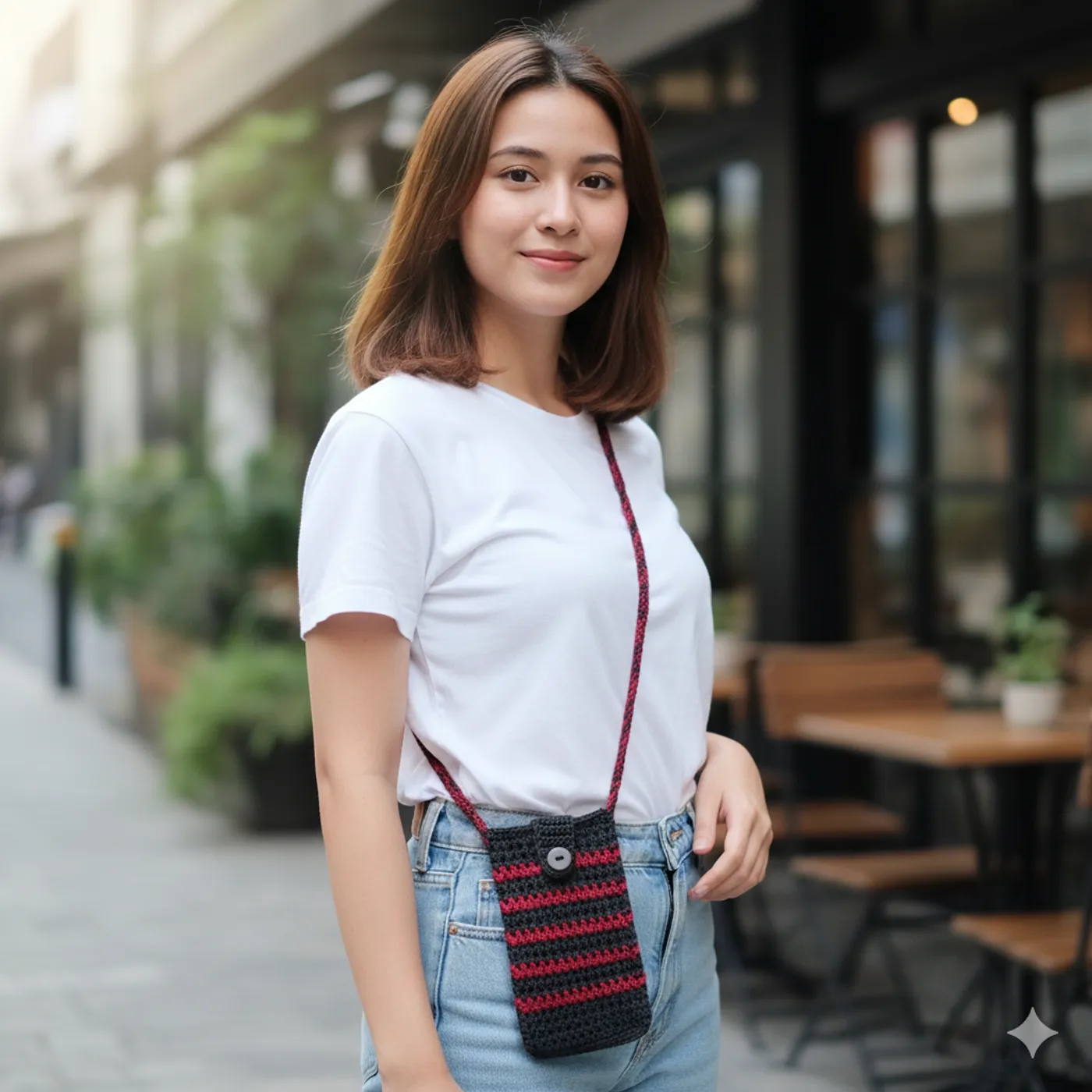 HF 020 Tas Rajut Selempang mini Hitam & Merah — tampilan 4