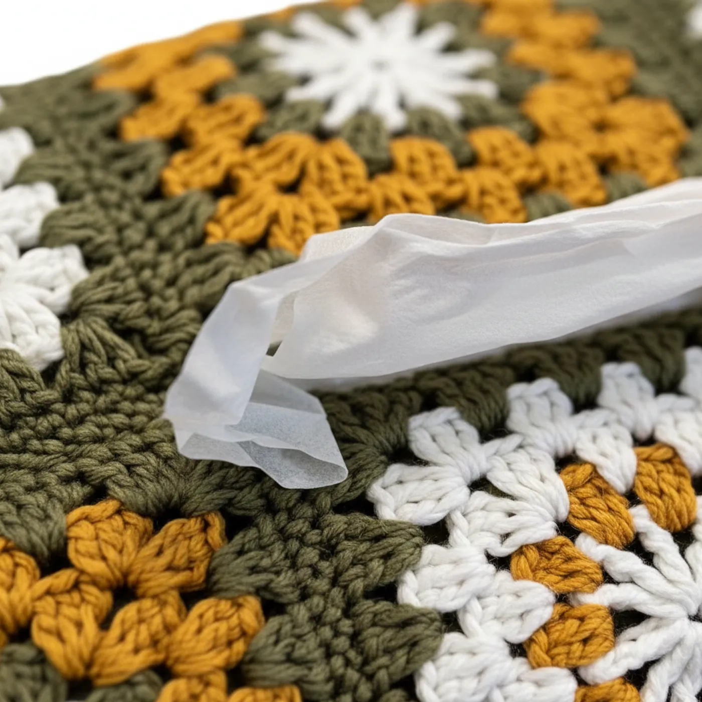 HF 040 Sarung Kotak Tisu Rajut - Retro Granny Square — tampilan 2