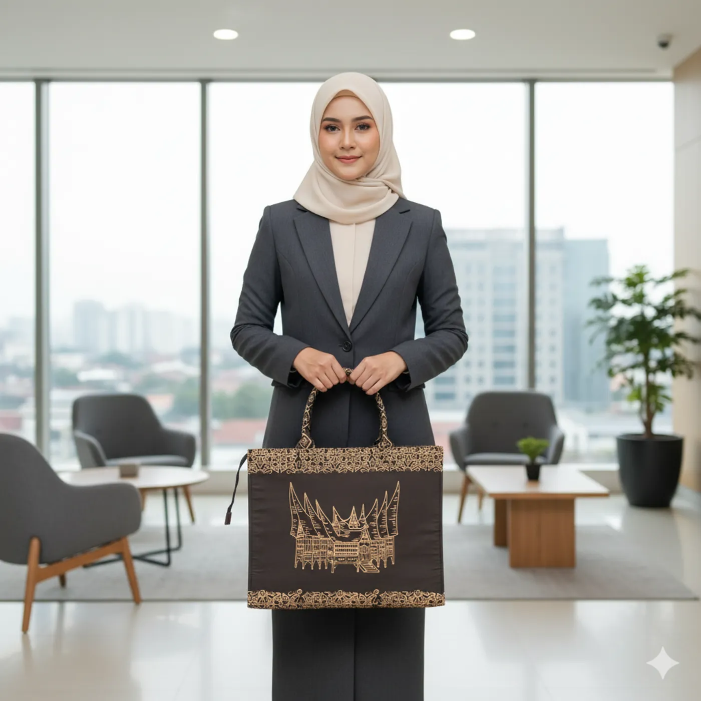 Tas Batik Cokelat Keemasan Motif Rumah Gadang Khas Minang (Ukuran Besar) — tampilan 9