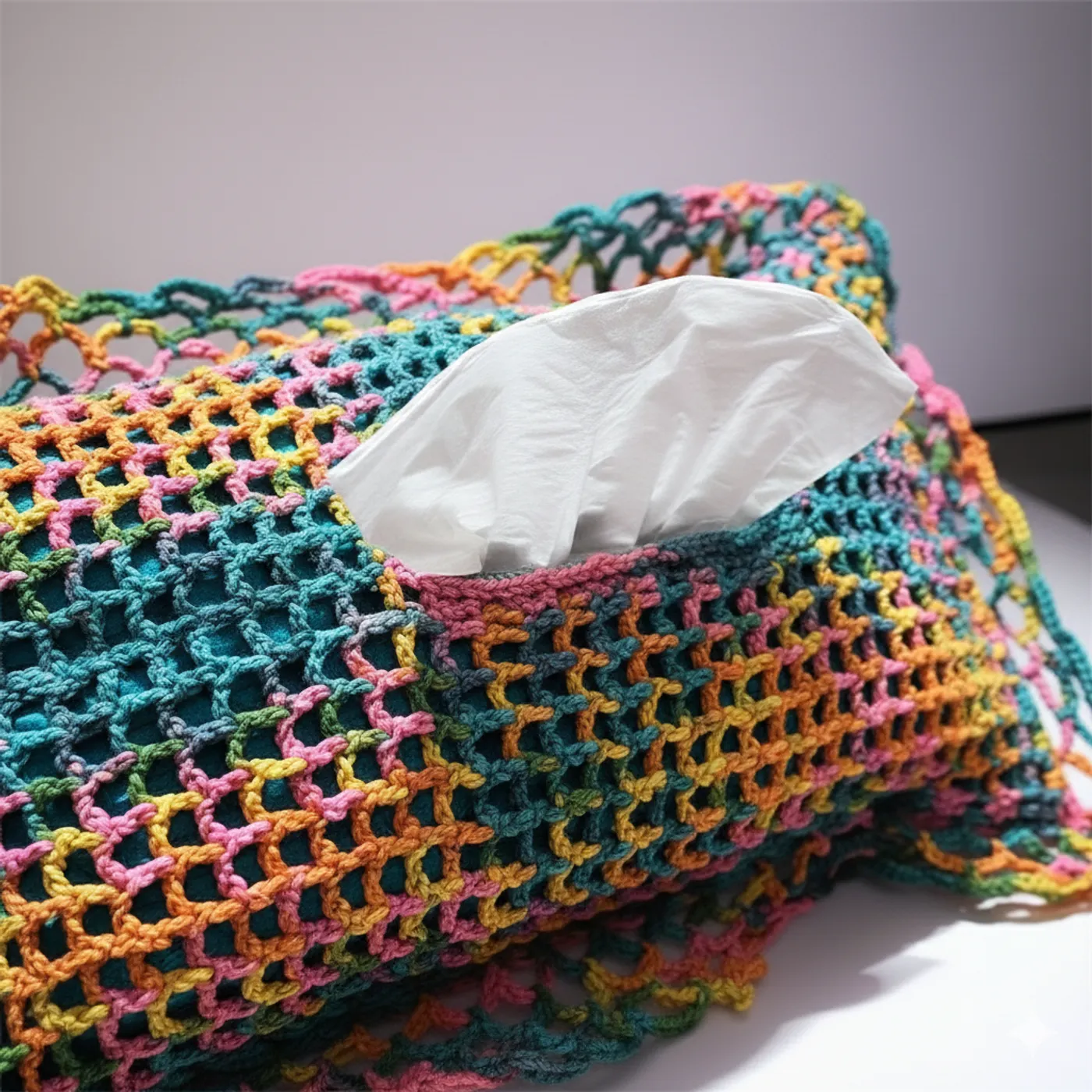 HF 017 Sarung Kotak Tisu Rajutan Crochet Pelangi — tampilan 2