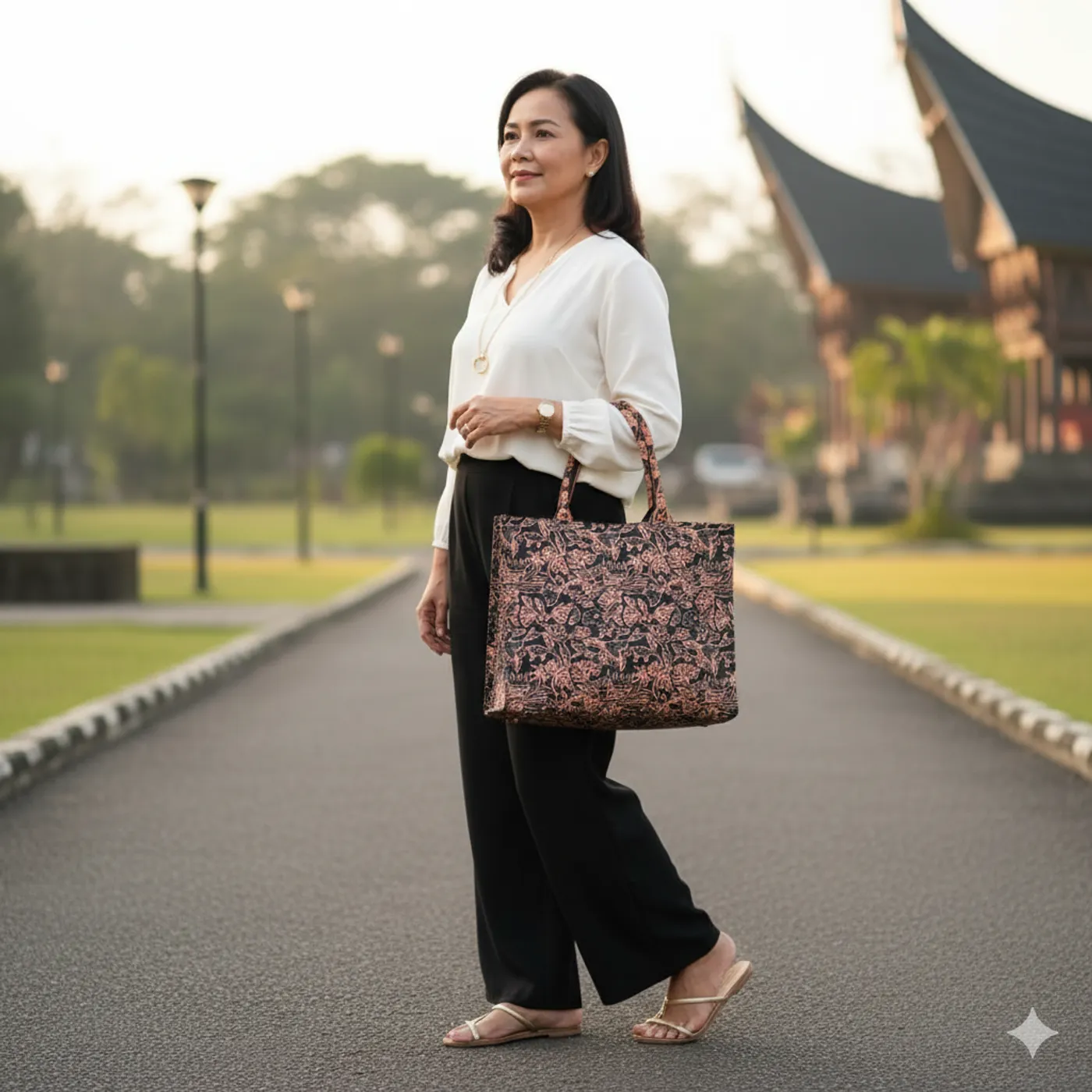 Tas Batik Cokelat Keemasan Motif Bunga dan Rumah Gadang Khas Minang (Ukuran Besar) — tampilan 7