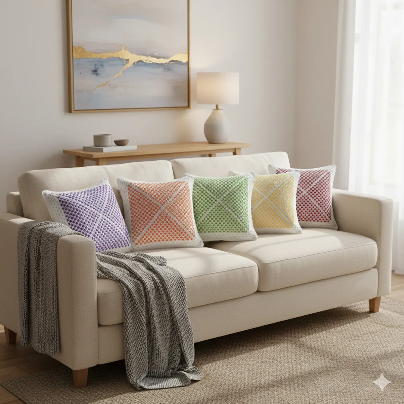 HF 033 Sarung Bantal Kursi Rajut Handmade–Seri Colorful Geometric — tampilan 4