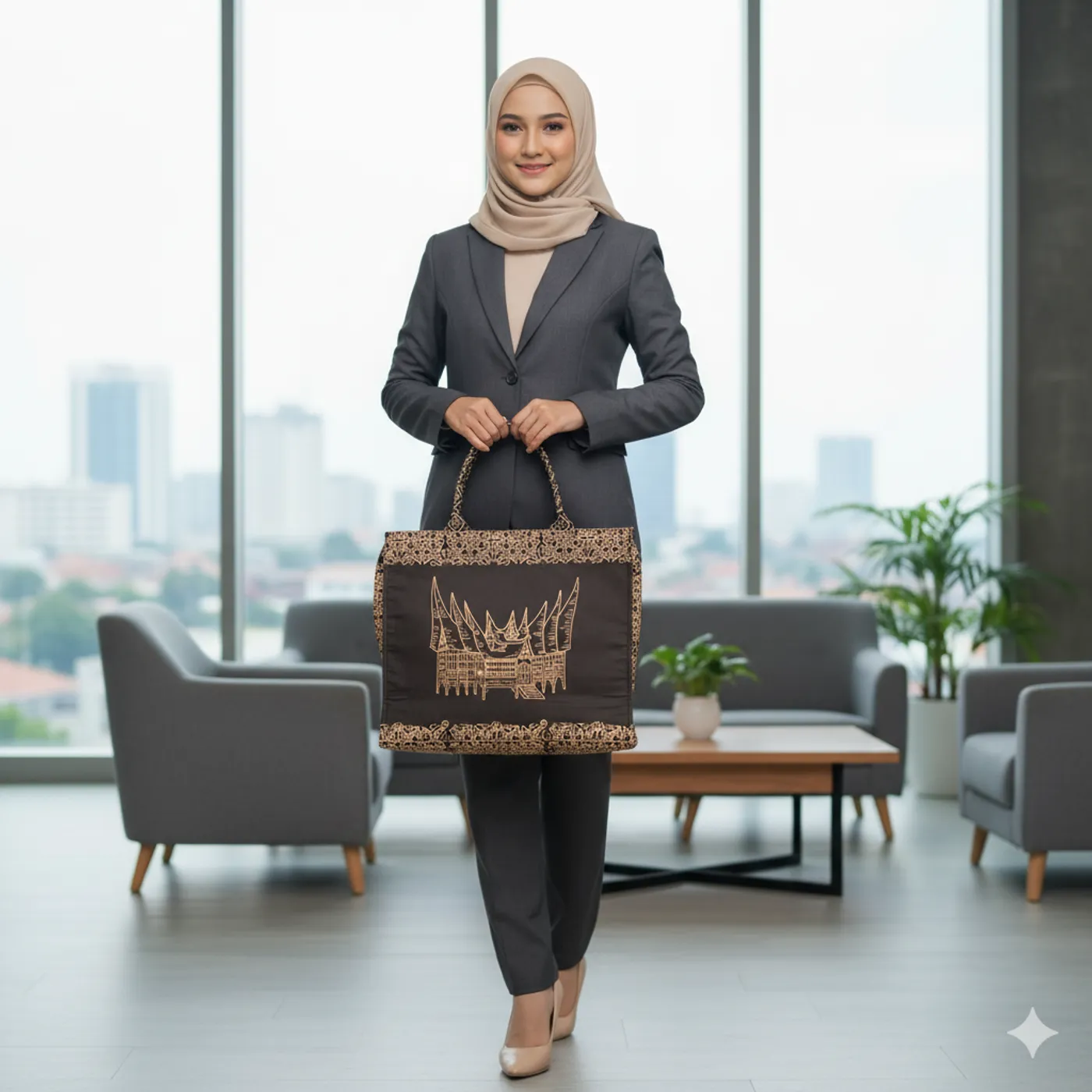 Tas Batik Cokelat Keemasan Motif Rumah Gadang Khas Minang (Ukuran Besar) — tampilan 8