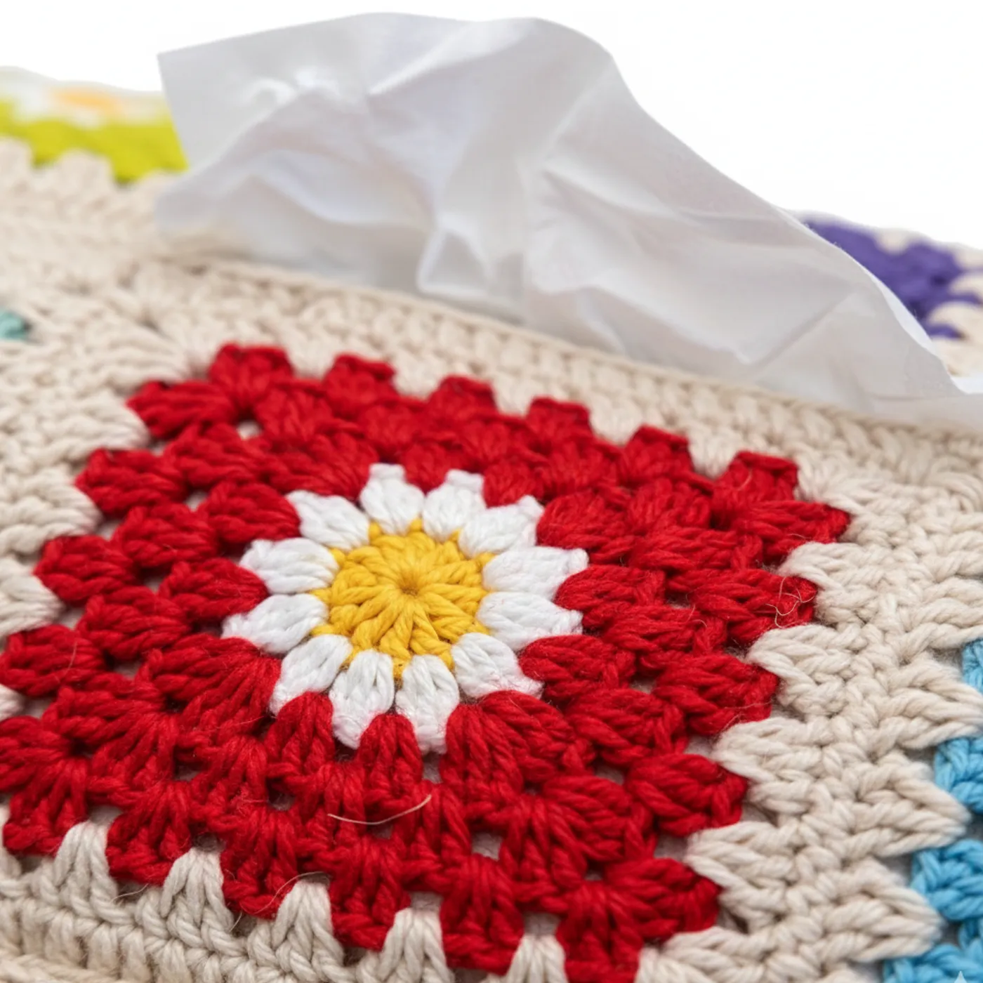 HF 042 Sarung Kotak Tisu Rajut "Granny Square Daisy" — tampilan 2