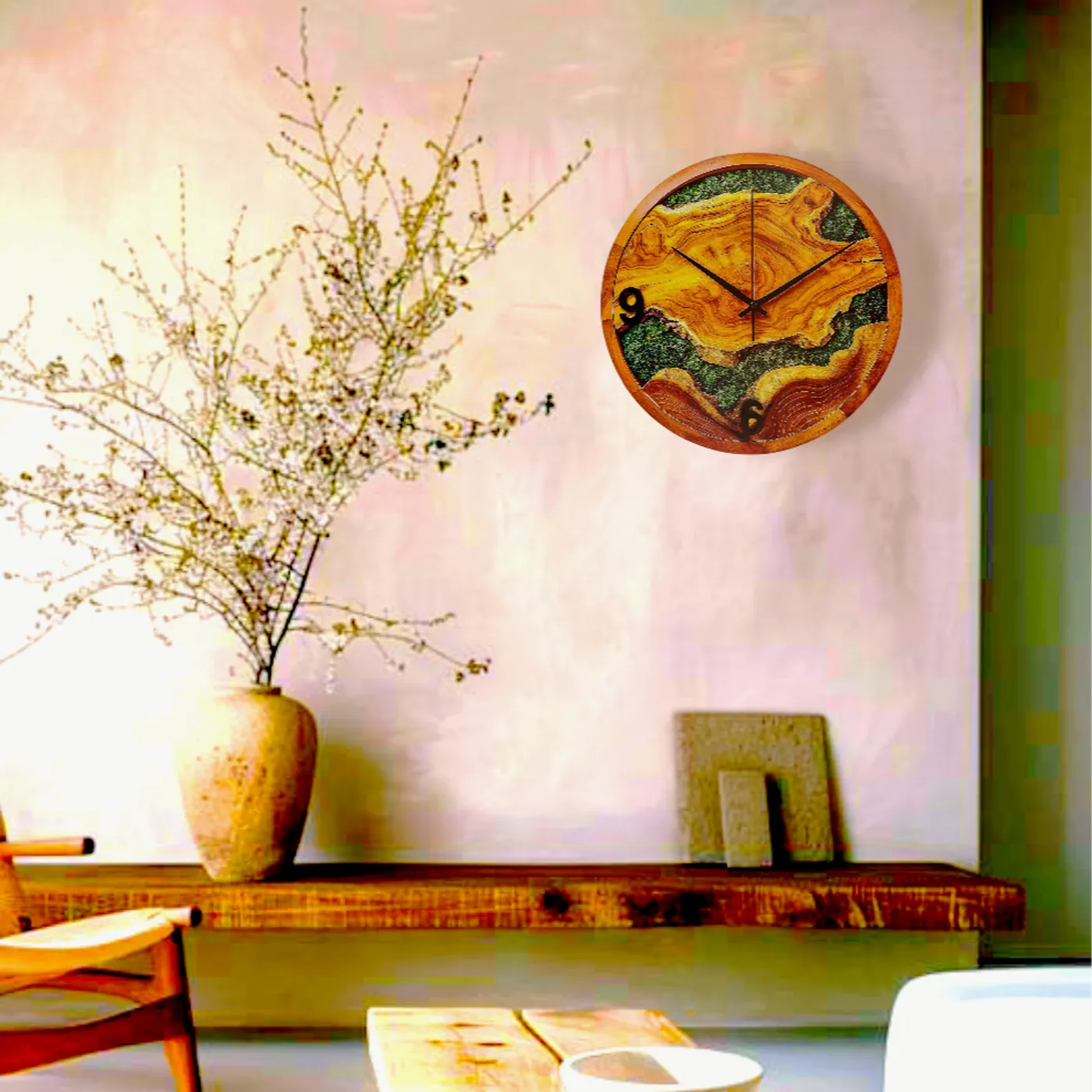 Moss Art Wall Clock - Moon Clock - Jam Kayu Lumut Dekorasi Aesthetic — tampilan 2