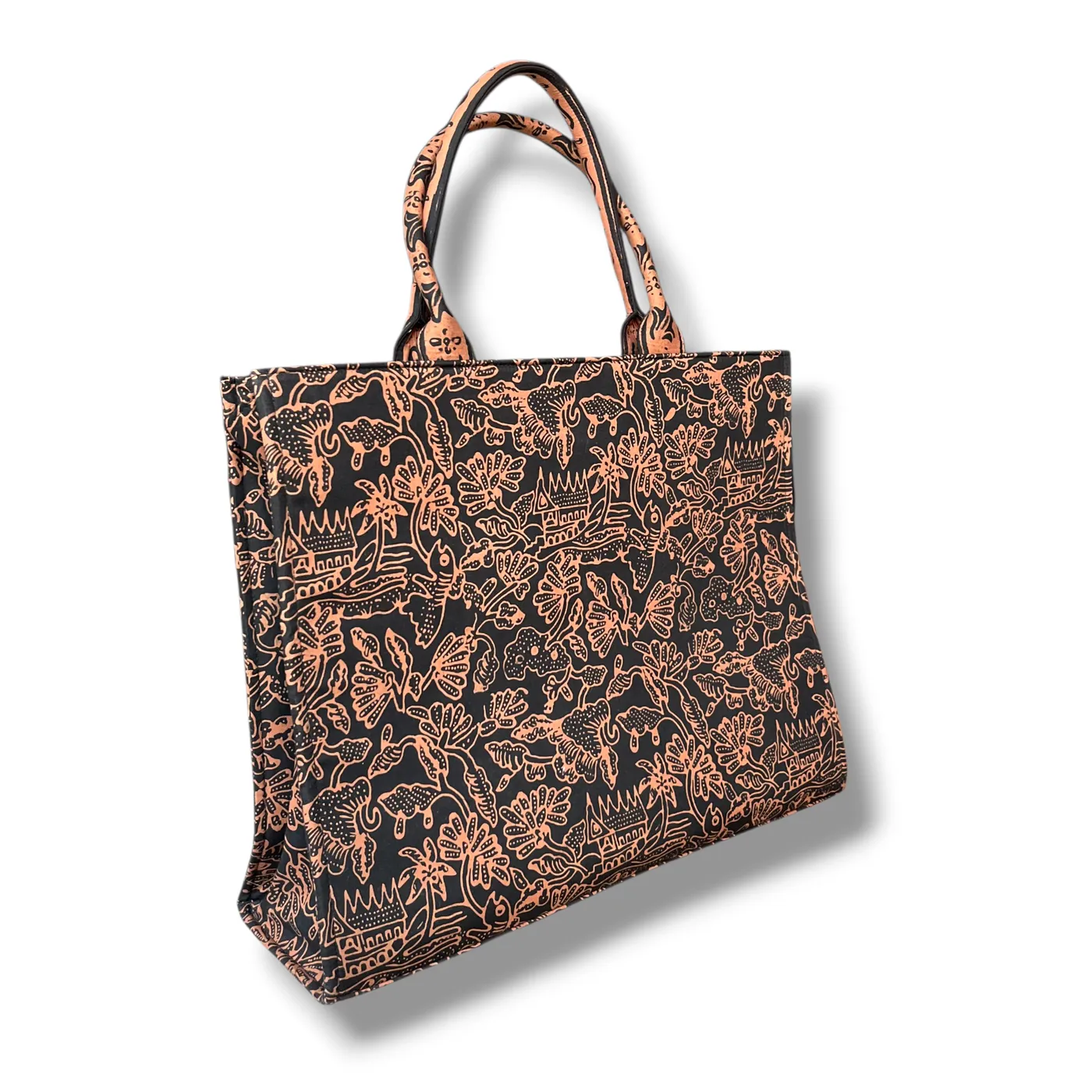 Tas Batik Cokelat Keemasan Motif Bunga dan Rumah Gadang Khas Minang (Ukuran Besar) — tampilan 2