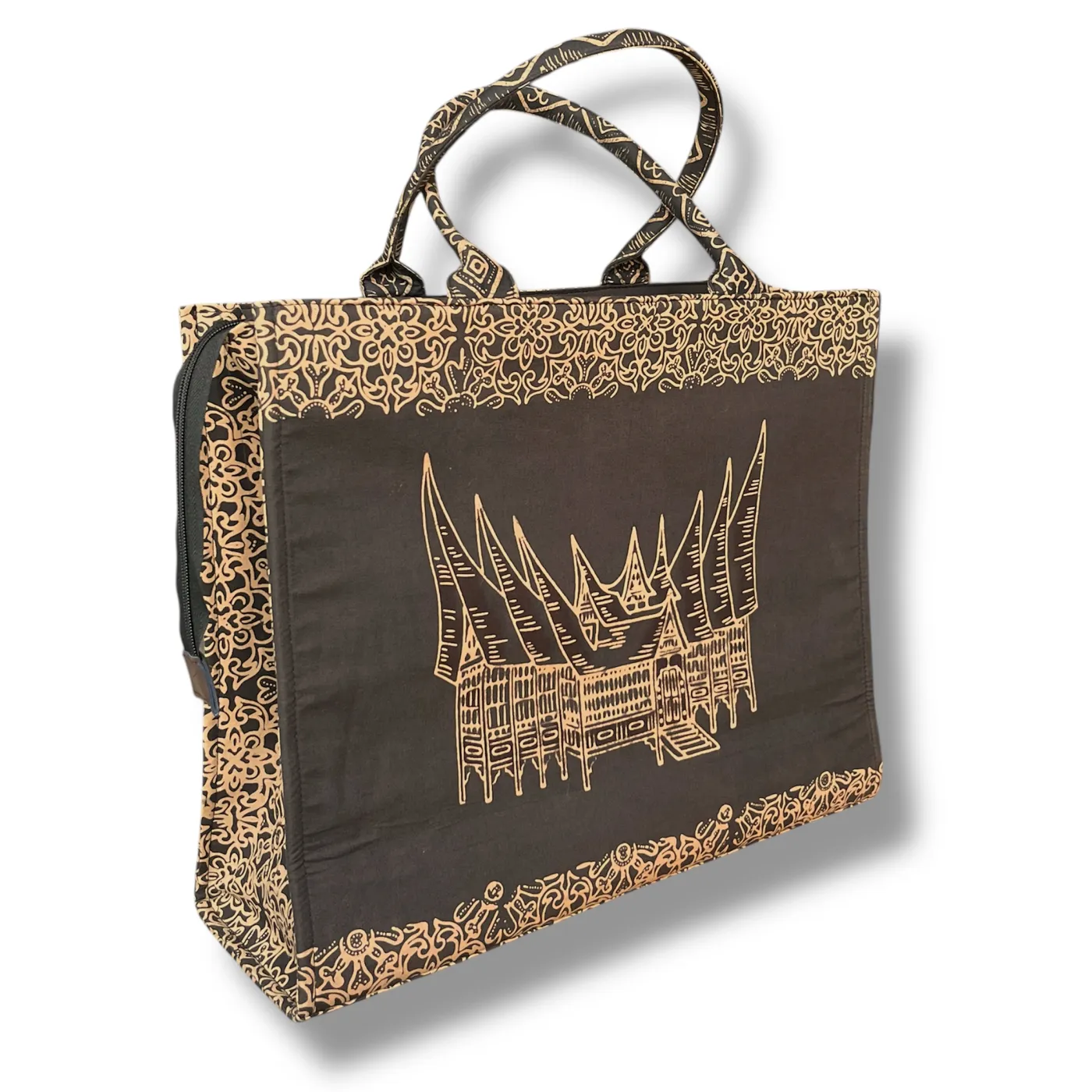 Tas Batik Cokelat Keemasan Motif Rumah Gadang Khas Minang (Ukuran Besar) — tampilan 2