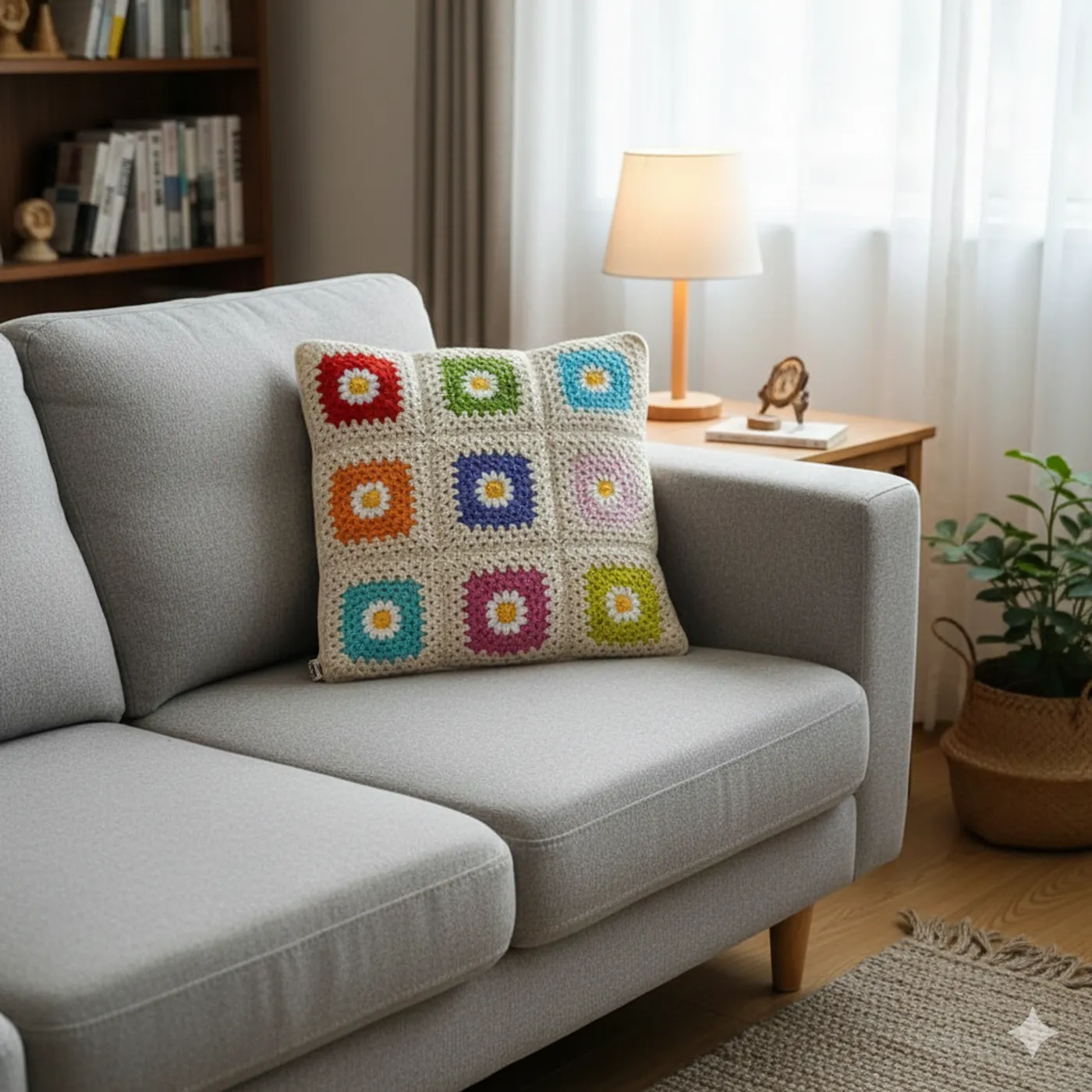 HF 022 Sarung Bantal Sofa Rajut Cream-Daisy Crochet — tampilan 5