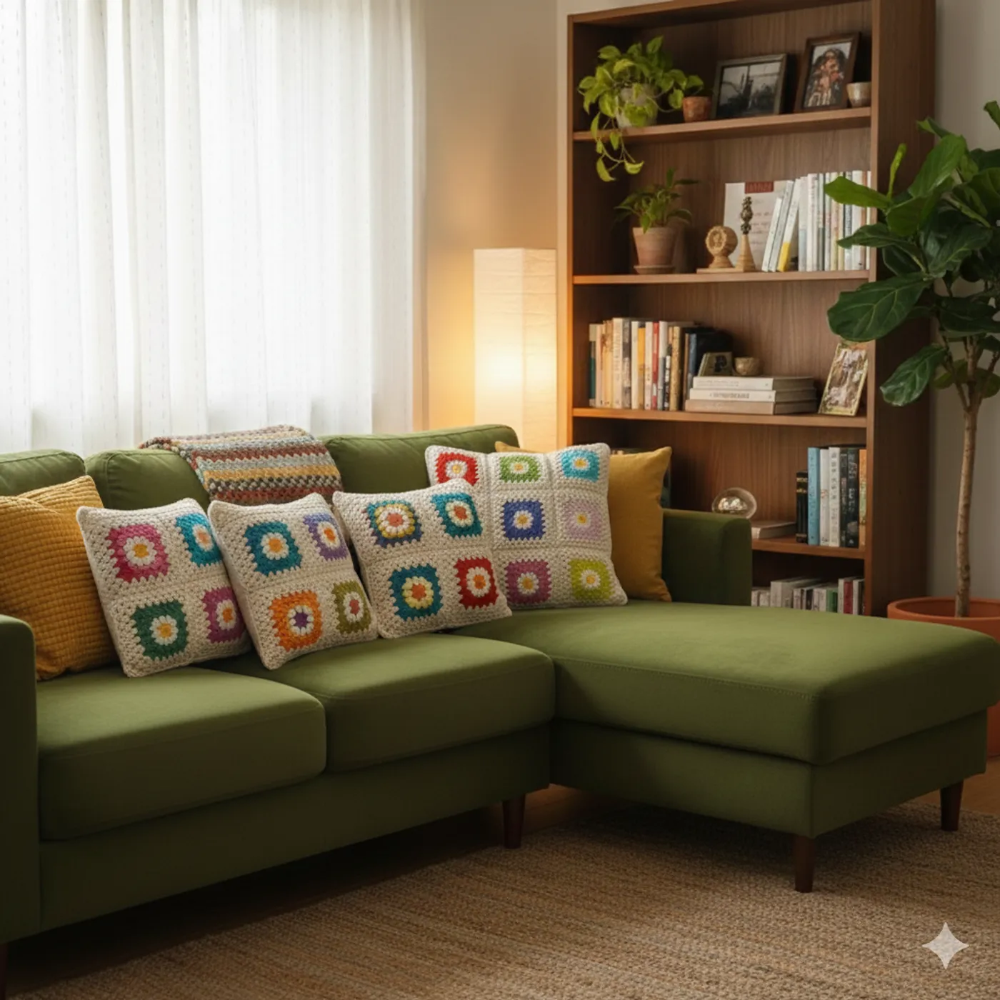 HF 022 Sarung Bantal Sofa Rajut Cream-Daisy Crochet — tampilan 6