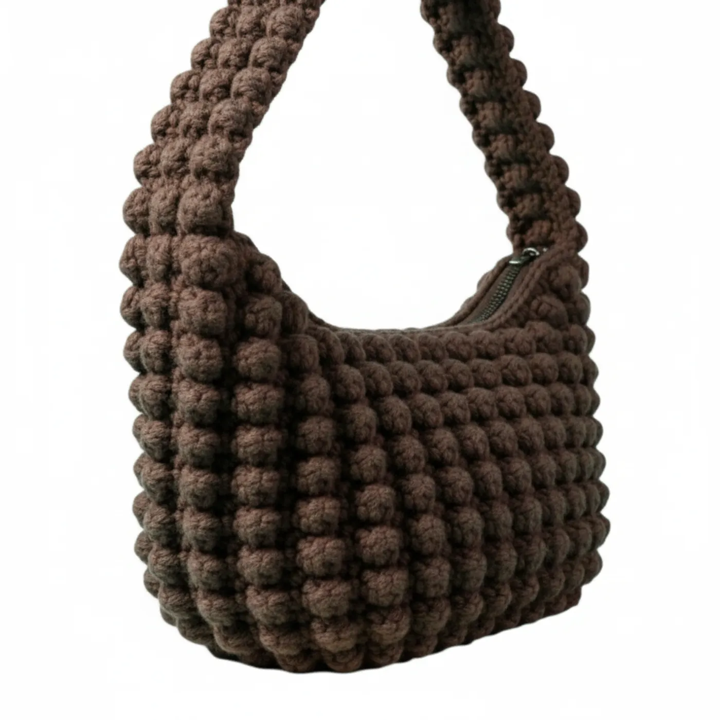 HF 023 Tas Bahu Rajut-Cokelat Bubble Stitch — tampilan 2
