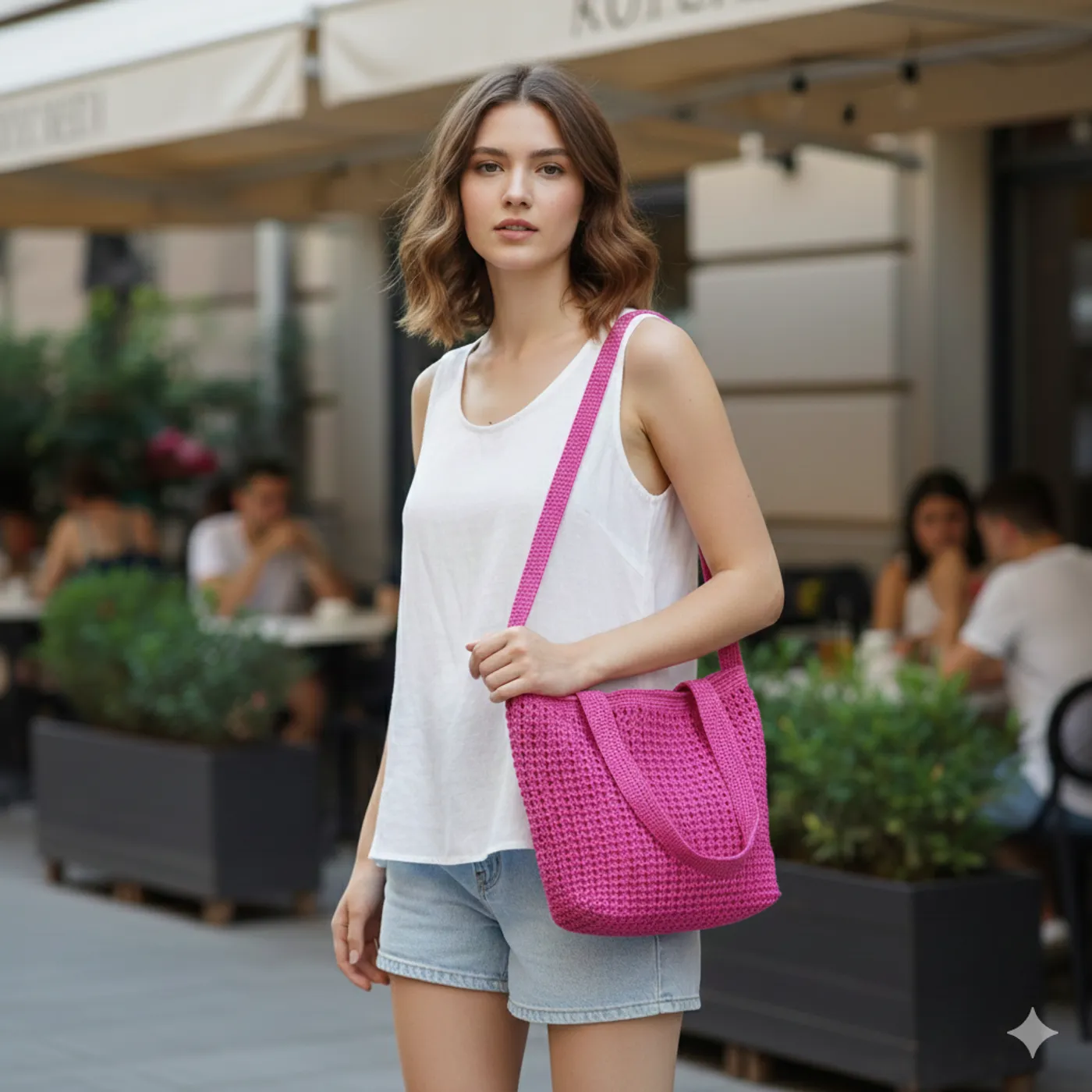 HF 026 Tas Bahu Rajut Wanita / Tote Bag Crochet Premium - Pink Fanta (Fuchsia) — tampilan 3