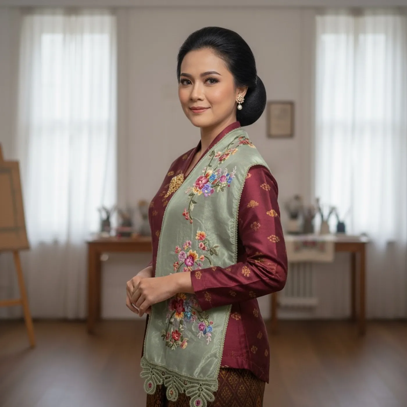 Selendang Sulaman Organdi Premium warna sage — tampilan 2