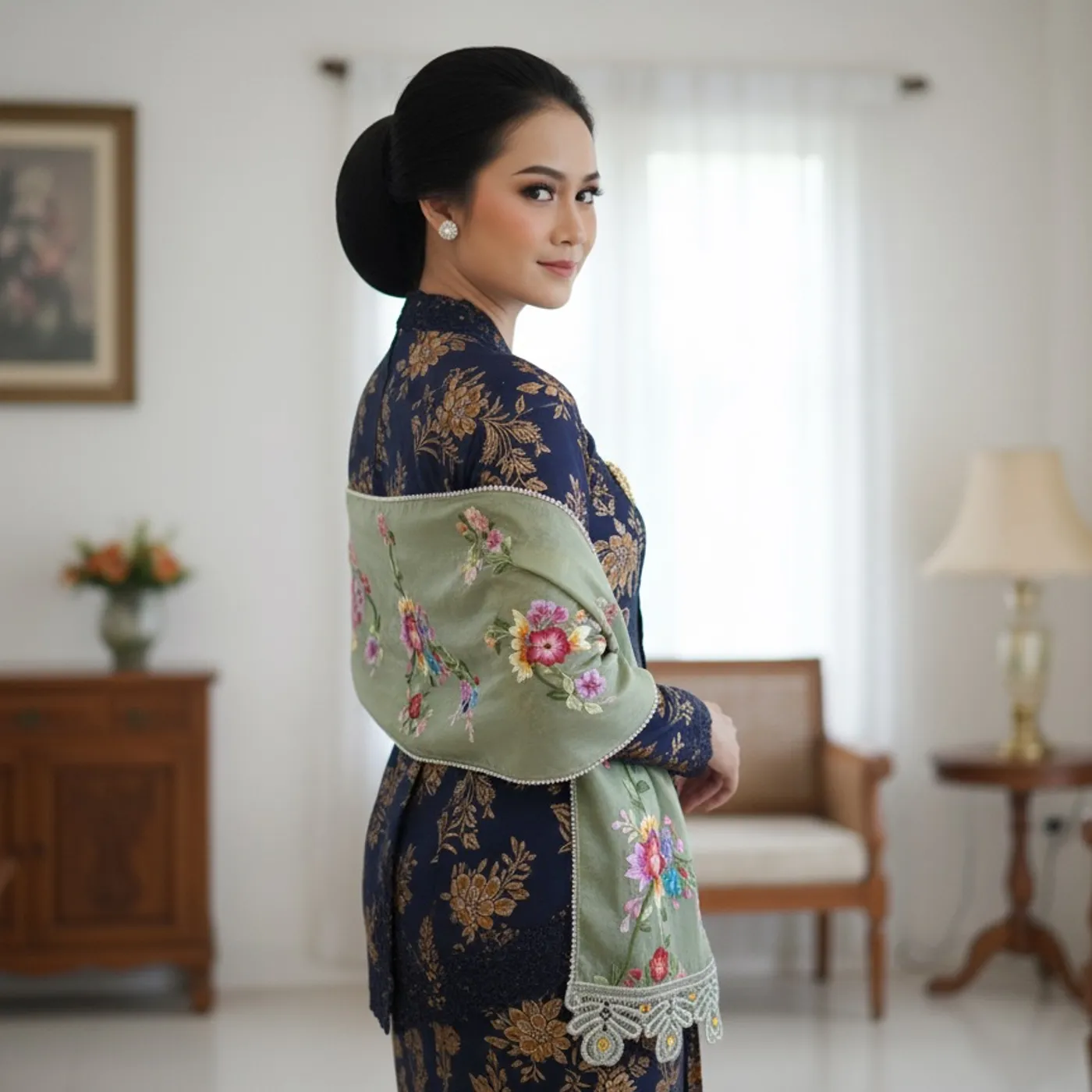 Selendang Sulaman Organdi Premium warna sage — tampilan 3