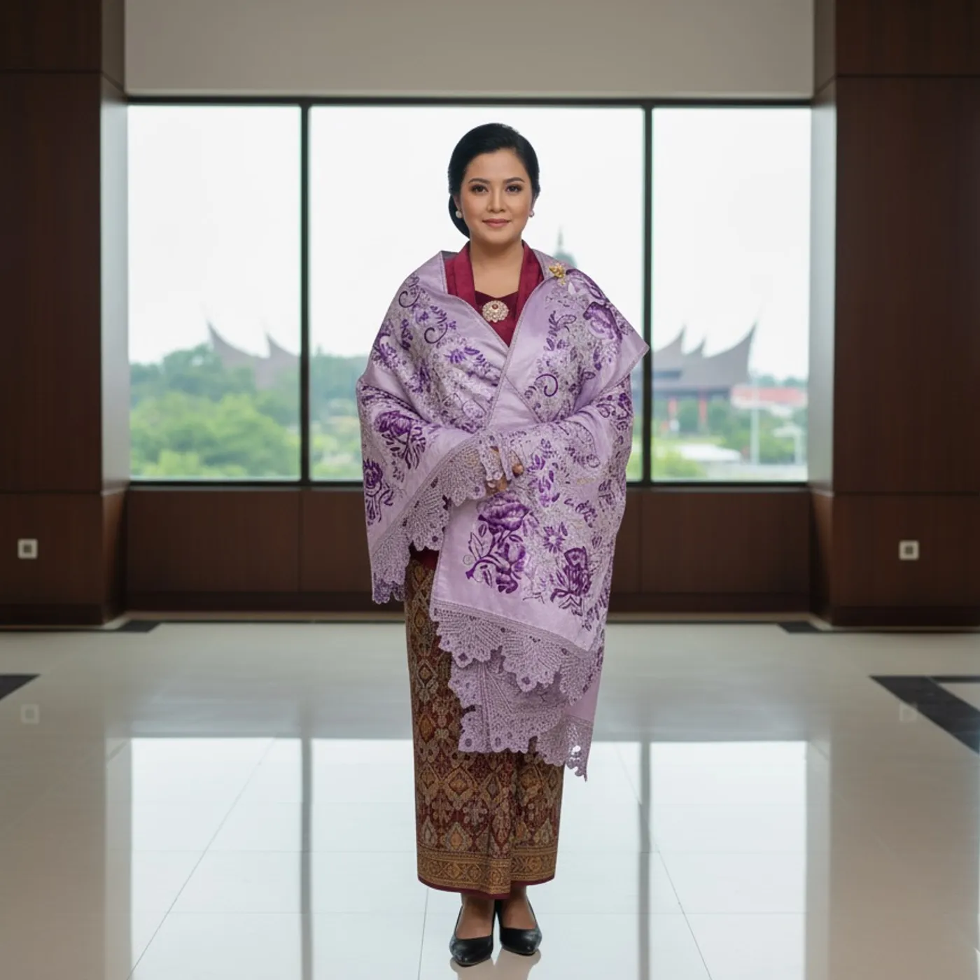 Selendang Sulaman Bunga Peony Ungu — tampilan 4