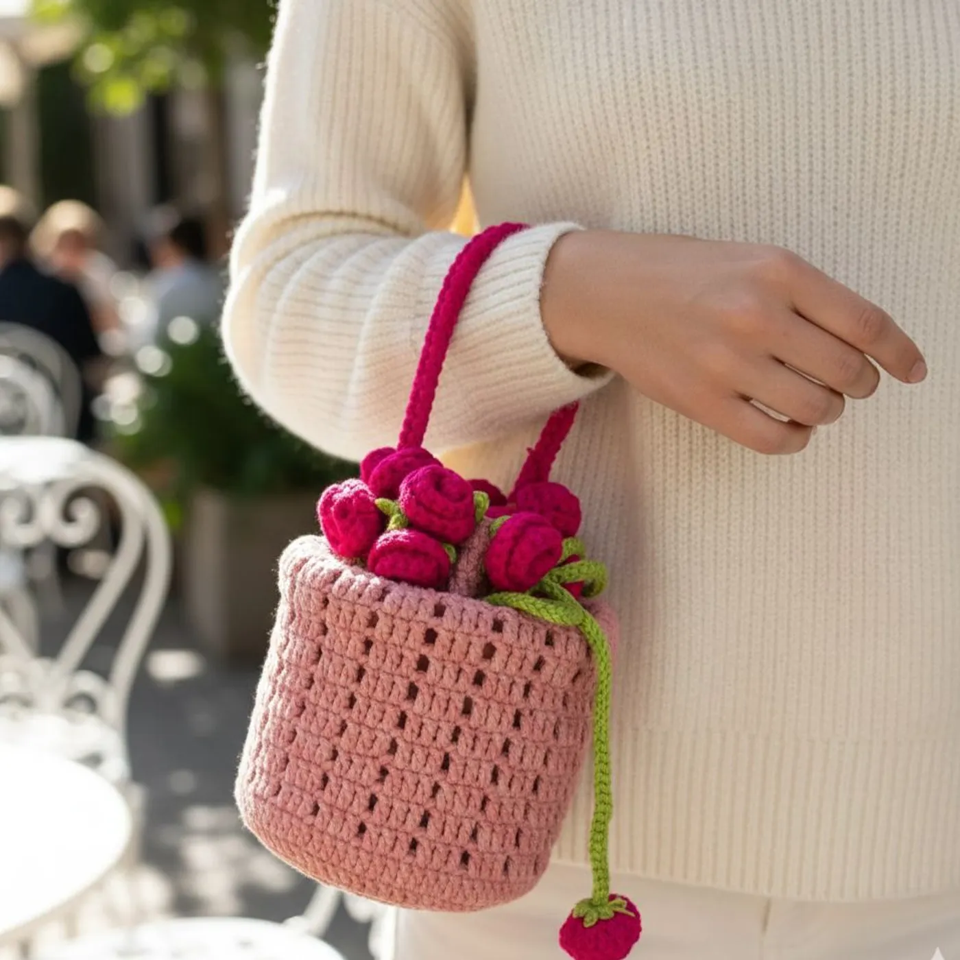 HF 047 Tas Rajut "Rose Basket" Handmade — tampilan 3