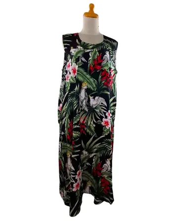 Daster Long Dress Tanpa Lengan Motif Tropis (Kakatua & Bunga Hibiscus)