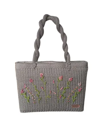 Tas Rajut Jaring-Nilon PP-Bunga Sulam-Tali Bahu-Warna Abu