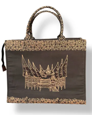 Tas Batik Cokelat Keemasan Motif Rumah Gadang Khas Minang (Ukuran Besar)