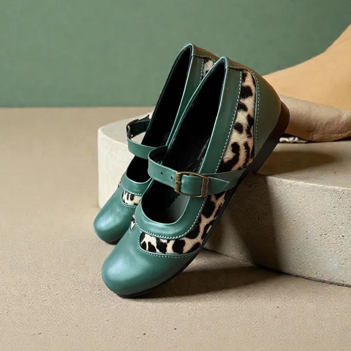 Flatshoes kulit sapi asli motif leopard mix hijau