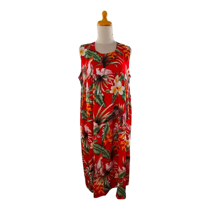 Daster Long Dress Tropical Red – Baju Santai Rayon Motif Bunga & Burung Kakaktua