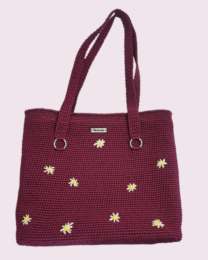 Crochet zippered tote bag | Tas bahu resleting rajut — Daisy Burgundy