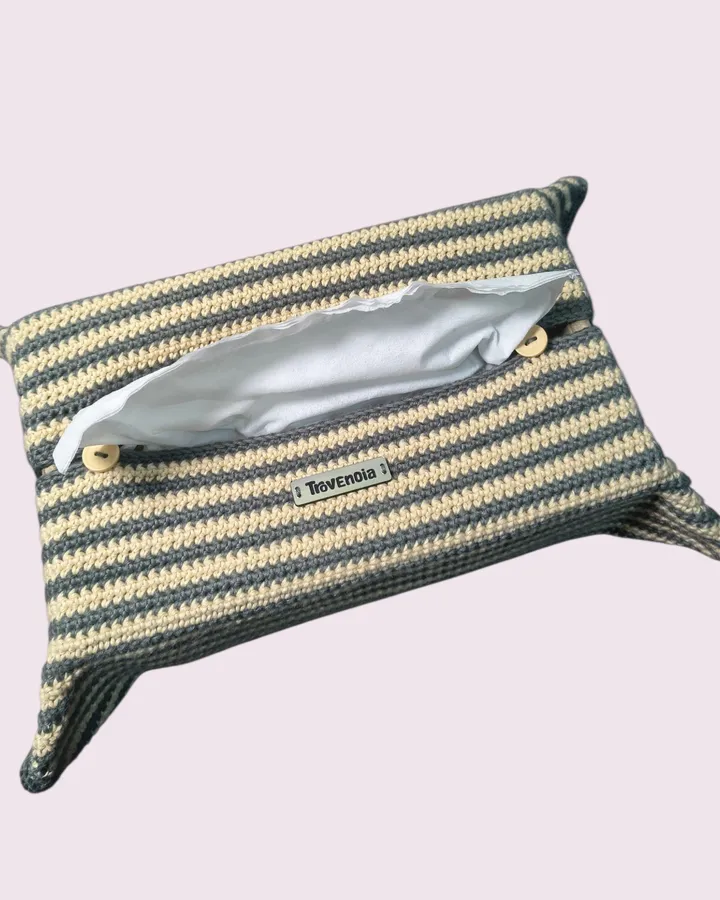 [50%OFF] Crochet tissue box cover | Sarung kotak tisu rajut — yellow grey striped