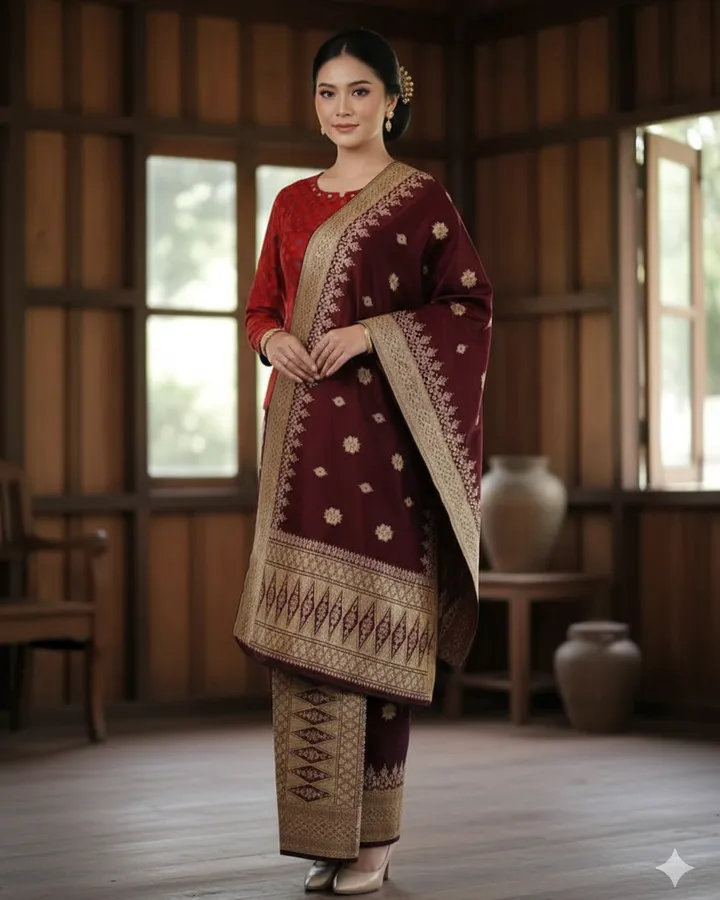 [Pre-Order] Songket Pandai Sikek Motif Bacatue – Marun Klasik