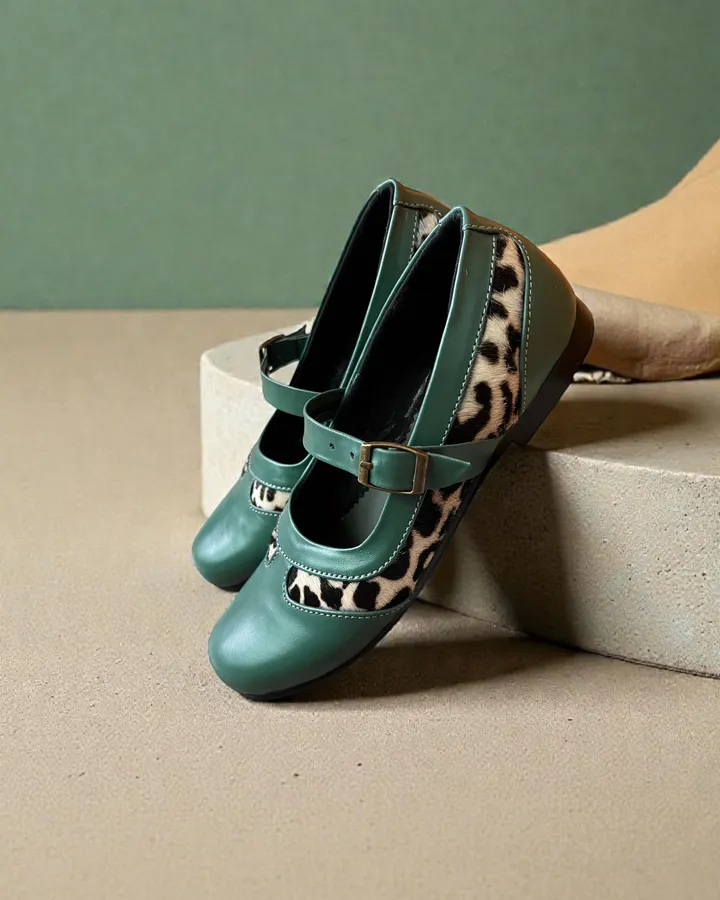 Flatshoes kulit sapi asli motif leopard mix hijau