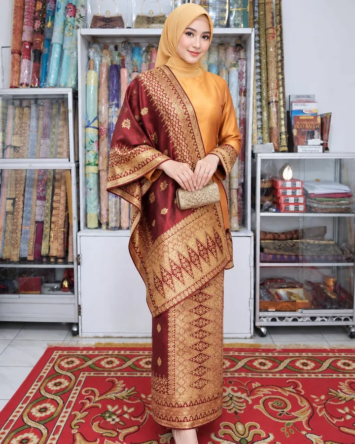 Songket Pandai Sikek motif Tabur Benang Dua Warna Maron Gold