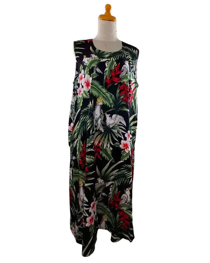 Daster Long Dress Tanpa Lengan Motif Tropis (Kakatua & Bunga Hibiscus)