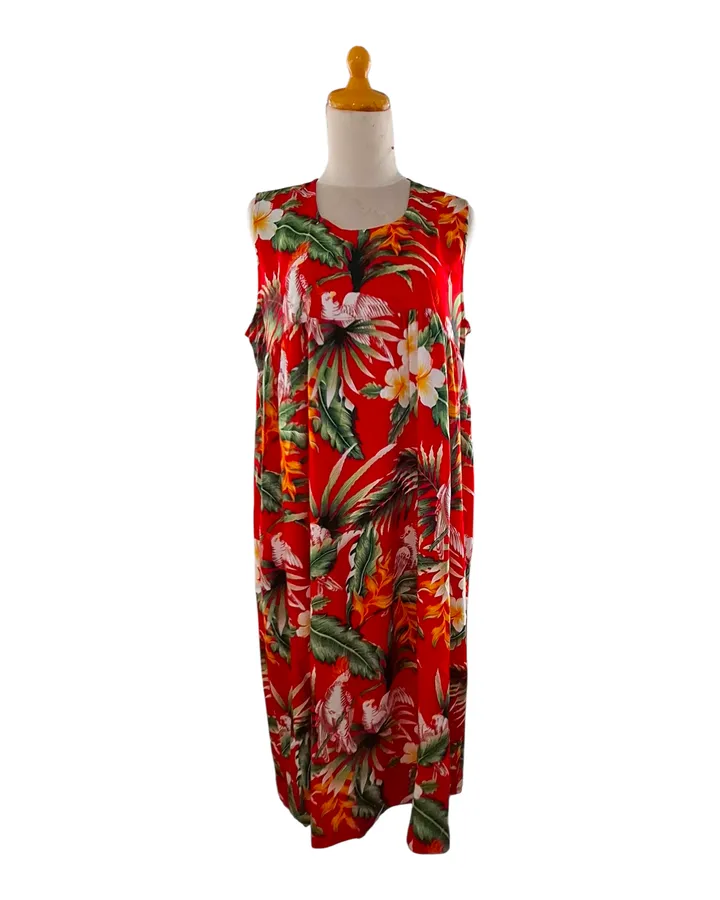 Daster Long Dress Tropical Red – Baju Santai Rayon Motif Bunga & Burung Kakaktua