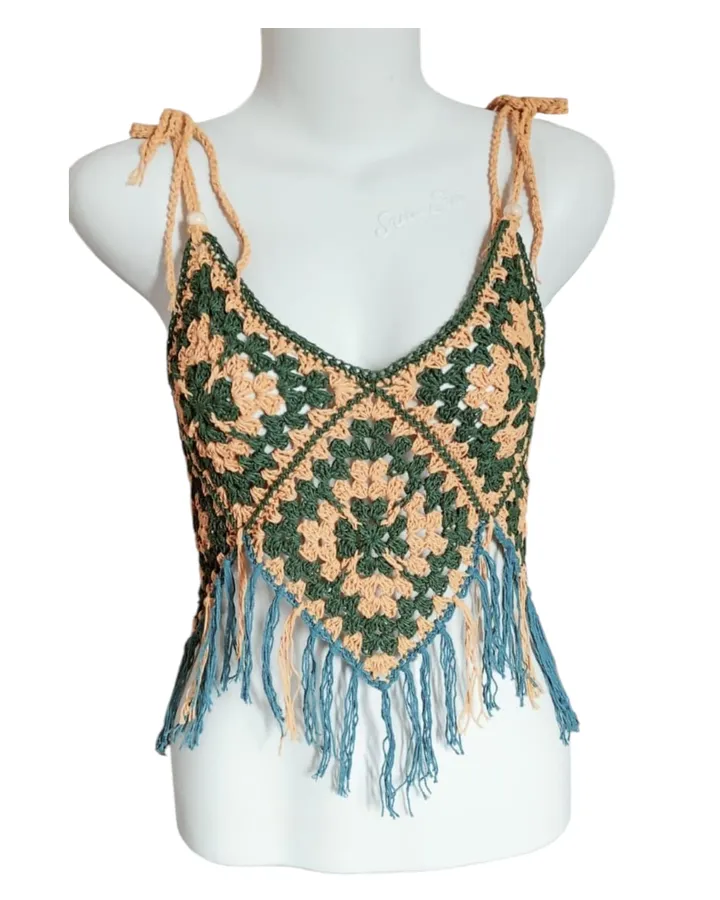 Tanktop Rajut Kunyit Hijau - Boho Fringe Style