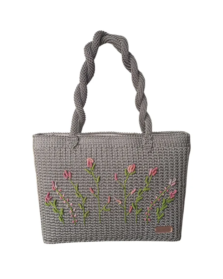 Tas Rajut Jaring-Nilon PP-Bunga Sulam-Tali Bahu-Warna Abu