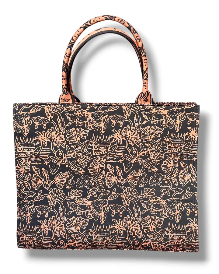 Tas Batik Cokelat Keemasan Motif Bunga dan Rumah Gadang Khas Minang (Ukuran Besar)