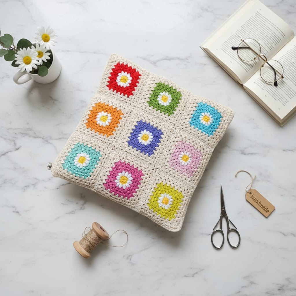 HF 022 Sarung Bantal Sofa Rajut Cream-Daisy Crochet