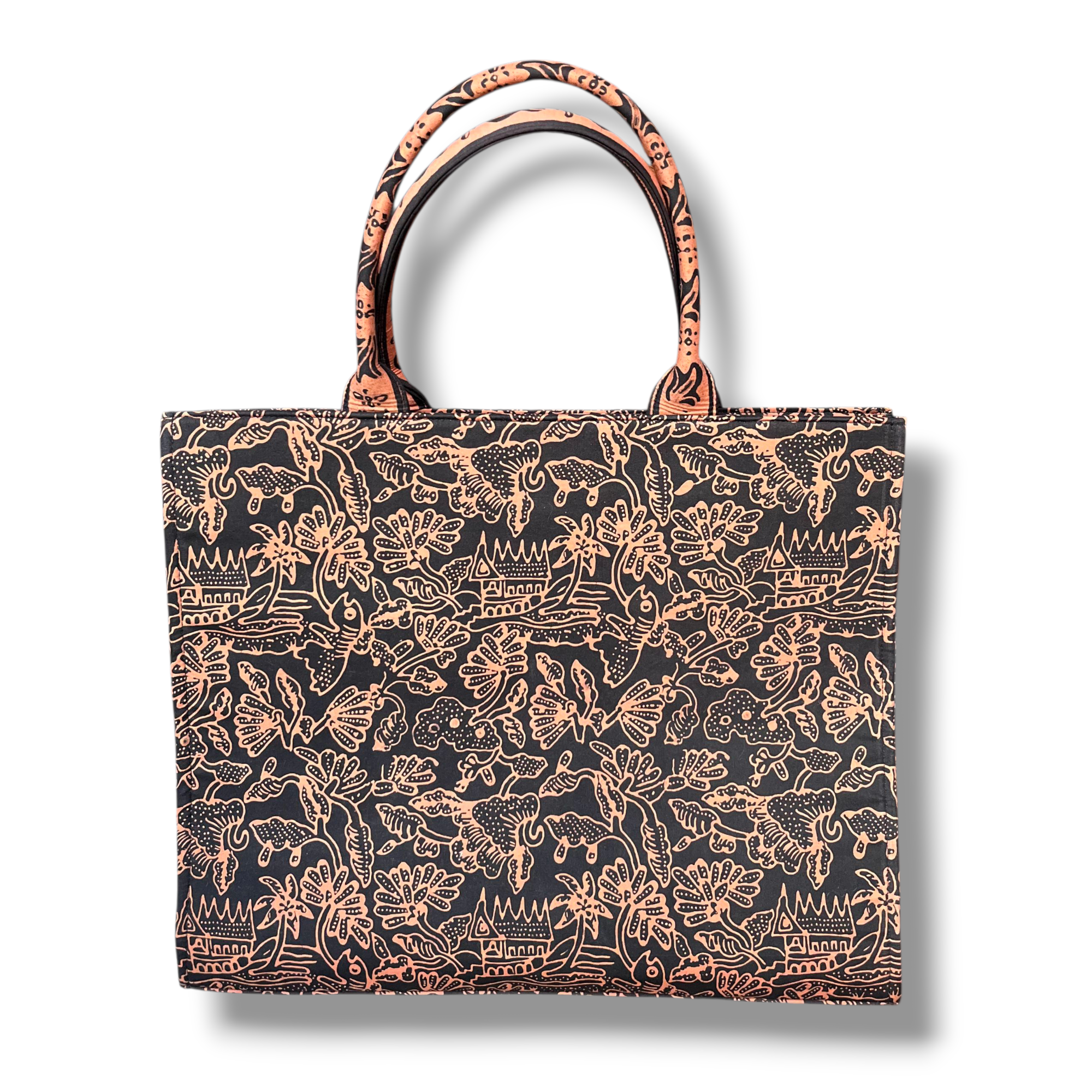 Tas Batik Cokelat Keemasan Motif Bunga dan Rumah Gadang Khas Minang (Ukuran Besar)